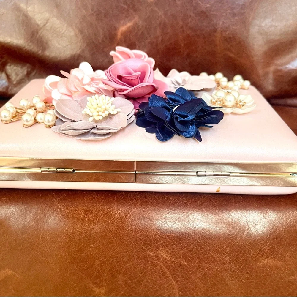 Elegant Floral & Pearl & Crystal Embellished Evening Clutch & Crossbody Bag